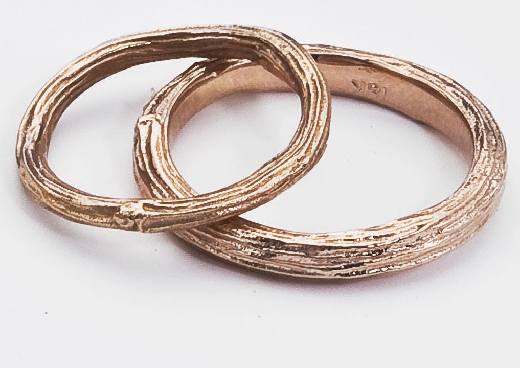 Rose Gold Wedding Band Ring Set -  Branch and Twig Design - 18K Recycled Gold - For Him and Her