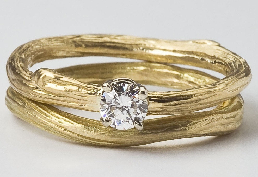 Engagement Ring Set - Twig Design - Diamond Solitaire Ring and Wedding Band in Yellow Gold