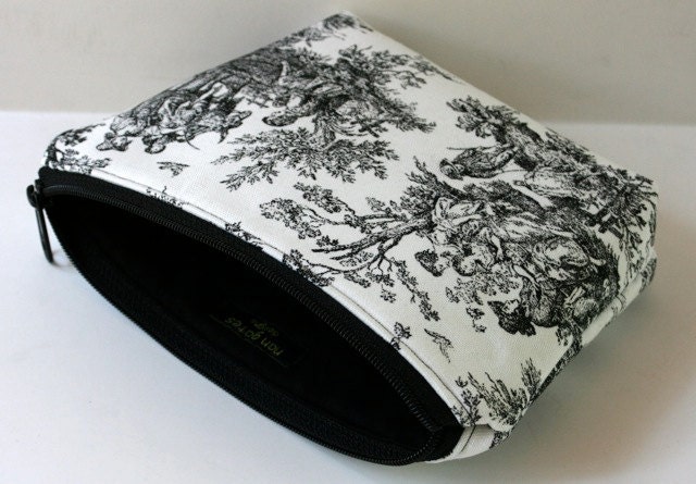 Black and White Toile Padded Flat-bottomed Cosmetic Bag/Zippered Pouch