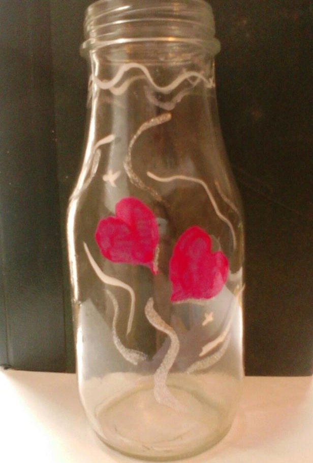 Glass Valentine's Day Vase Upcycled Hand Painted Hearts and swirls 6" X 2 1/4" OOAK