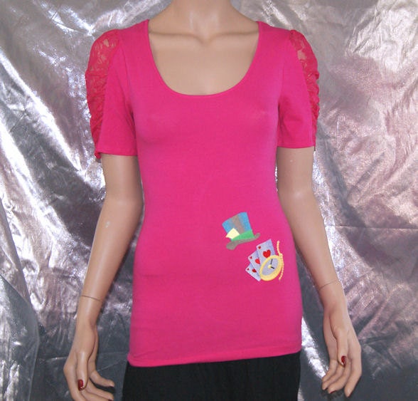 Neon Pink Embroidered Alice In Wonderland Mad HatterTop adult medium MTCoffinz --- ready to ship