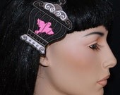 Pink Bird and Silver Cage Embroidered Hair Clip MTCoffinz