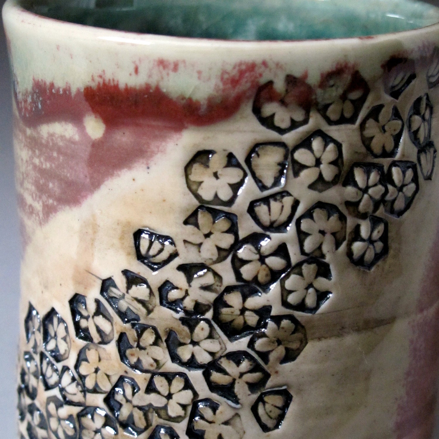 Ceramic Coffee Mug Handmade Porcelain Cup: Green with Flowers