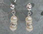 Ivory Pearl Rhinestone Earrings, Sterling Silver Posts Studs, Flowergirl Bridesmaids Bridal Jewelry