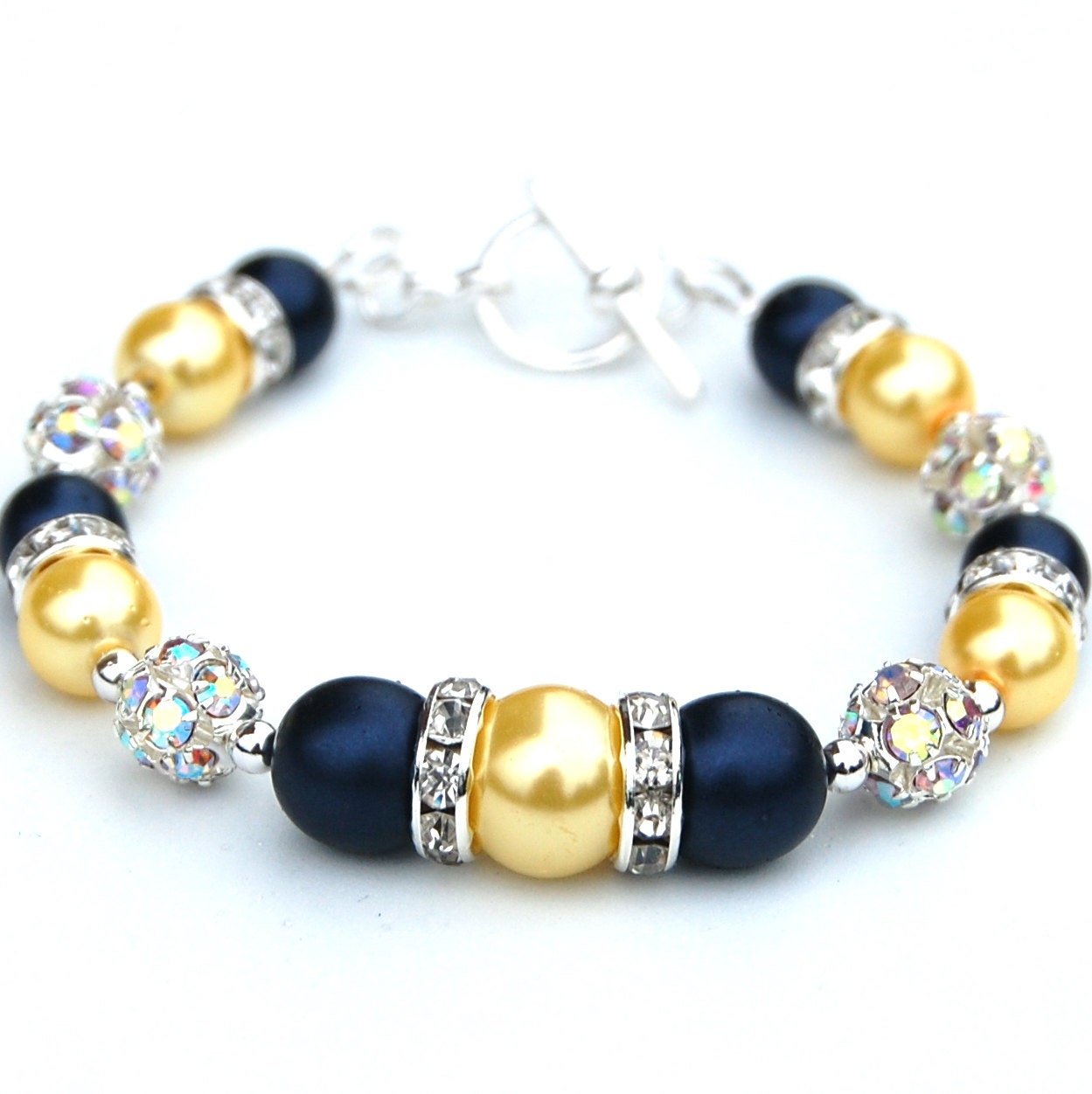 Navy and Yellow Pearl Bling Bracelet, Bridesmaid Jewelry, Spring Wedding