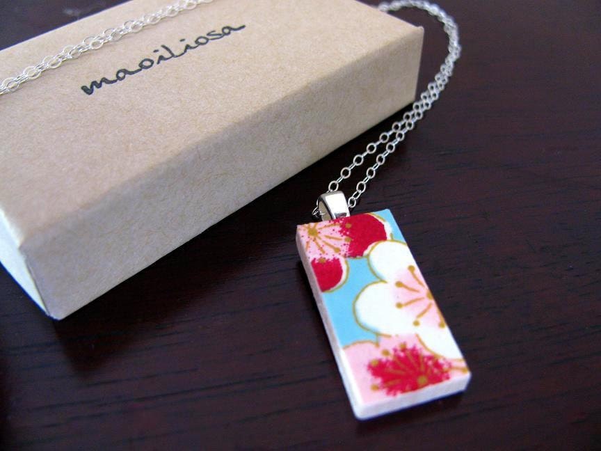 wooden japanese chiyogami pendant on a silver-plated chain - small - bliss