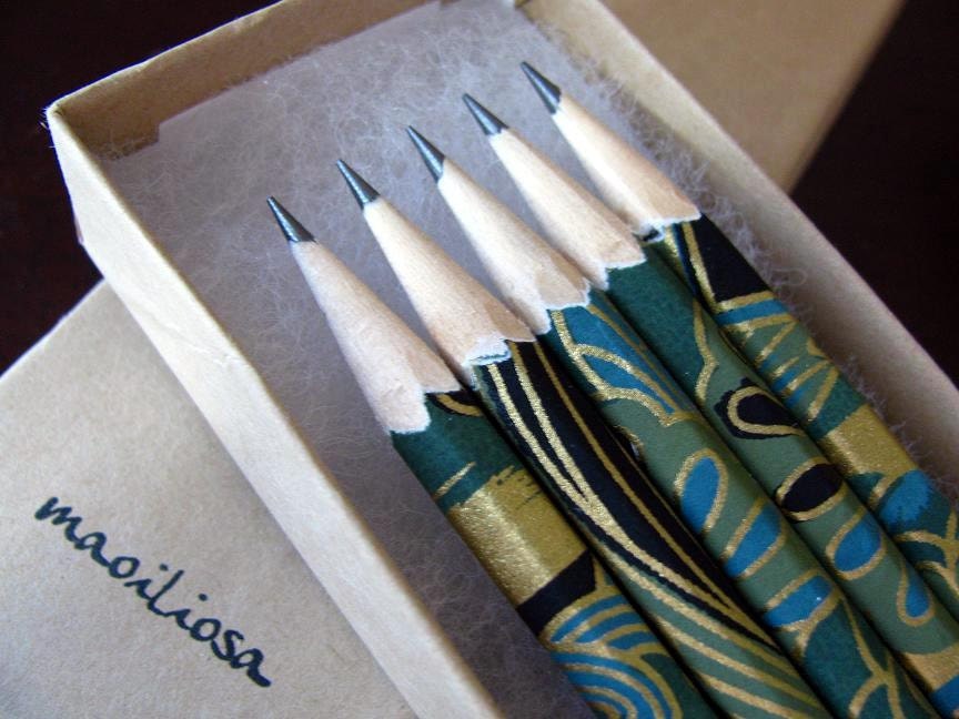 S A L E pencils wrapped in chiyogami - set of 5 - mysterious garden