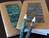 memo journals made from recycled materials and japanese paper - 2 mini notebooks and pencils - fuji fog