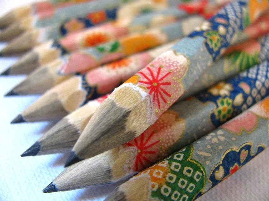 mini pencils made with japanese paper - set of 10 - patchwork sakura