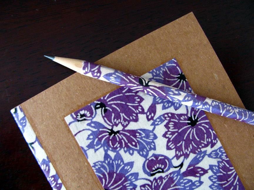 LIMITED EDITION journal made from recycled materials and japanese paper - notebook and pencil set - vibrant lotus (purple)