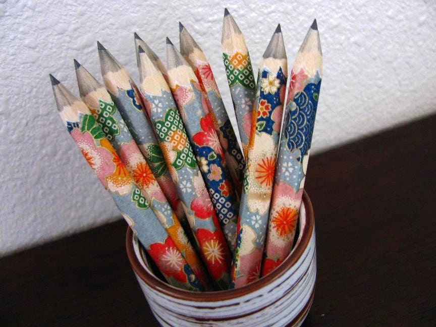 mini pencils made with japanese paper - set of 10 - patchwork sakura