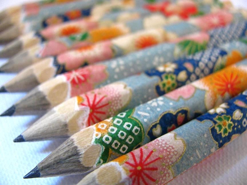 mini pencils made with japanese paper - set of 10 - patchwork sakura