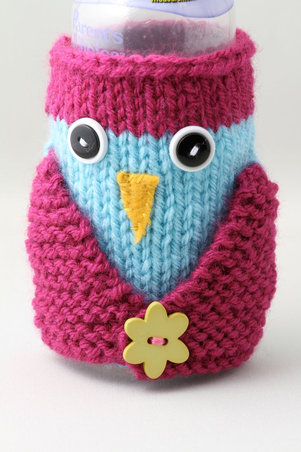 Owl Baby Bottle Cozy - Magenta and Aqua