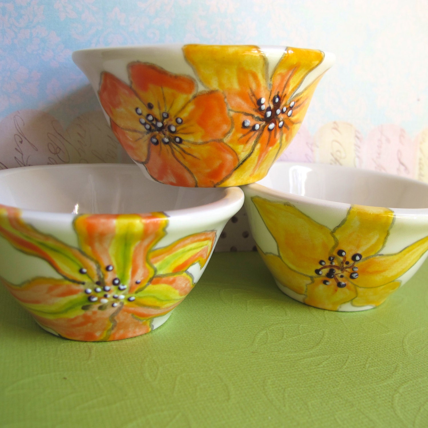 Hand Painted Dipping bowls Lilies in Tangerine yellow Set of Three