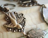 Bird leaf earrings - Autumn chestnut brown swallow brass earrings