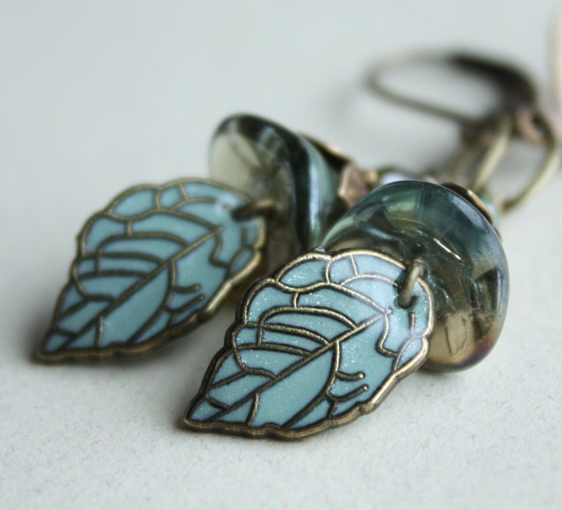 Flower dangle earrings, leaves, leaf, aqua, summer fashion