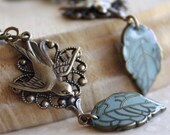 Bird leaf earrings aqua brass earrings