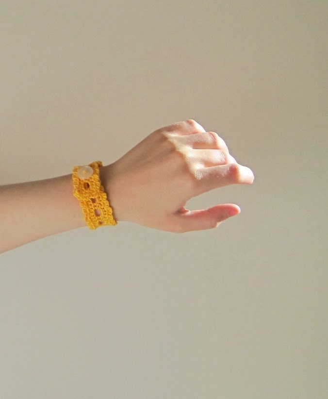 Saffron Yellow Lace Wristlet in Cotton Thread and Pearlescent Button