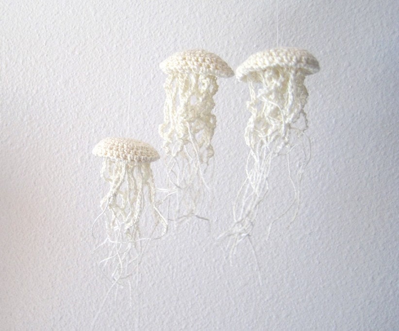Moon Jellyfish Amigurimi Ornaments in Linen - Set of Three - Made to Order - Boho Cottage Chic Natural History Home Decor