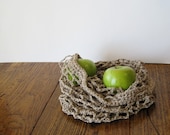 Simple Linen Market Bag with Drawstring Tie - Hand Crocheted Lacy Produce Tote in Natural Unbleached Plant Fibers - Made to Order