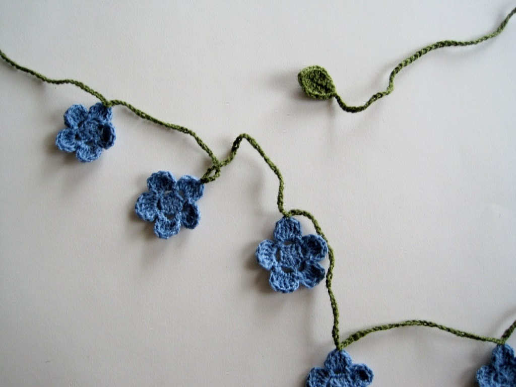 Forget Me Not Mini Garland - Cotton Crochet Floral Banner in Blue and Moss Green