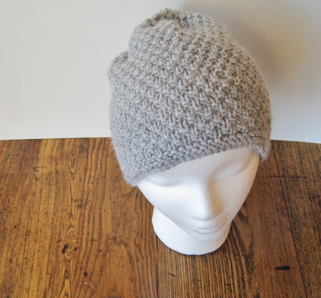 Textured Hand Knit Hat - Slouchable Watch Cap in Grey Wool Blend
