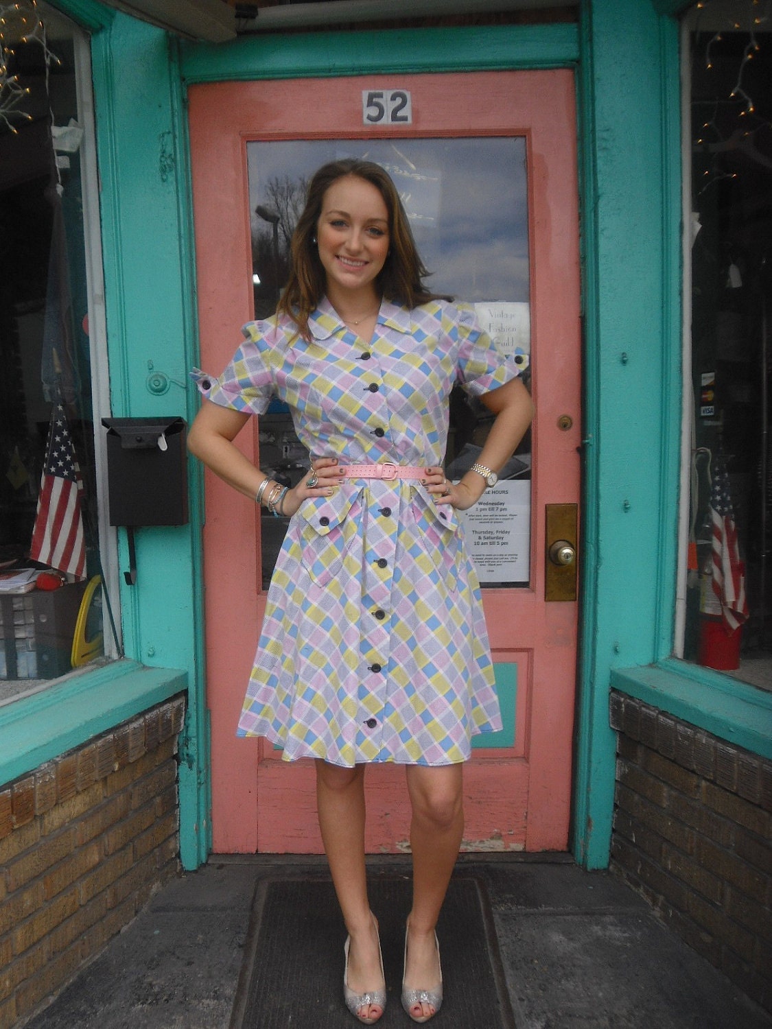 Super Cute 1940s Vintage Homefront Wartime Day Dress Shirtwaist Window Pane Plaid 42 B 32 Waist FREE U S SHIPPING