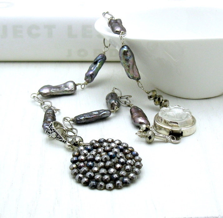 Vintage Pendant Necklace / Black Pearl Wire Wrapped Necklace / Pendant Necklace Bohemian Luxe / Convertible 3 in 1 / Victorian Button
