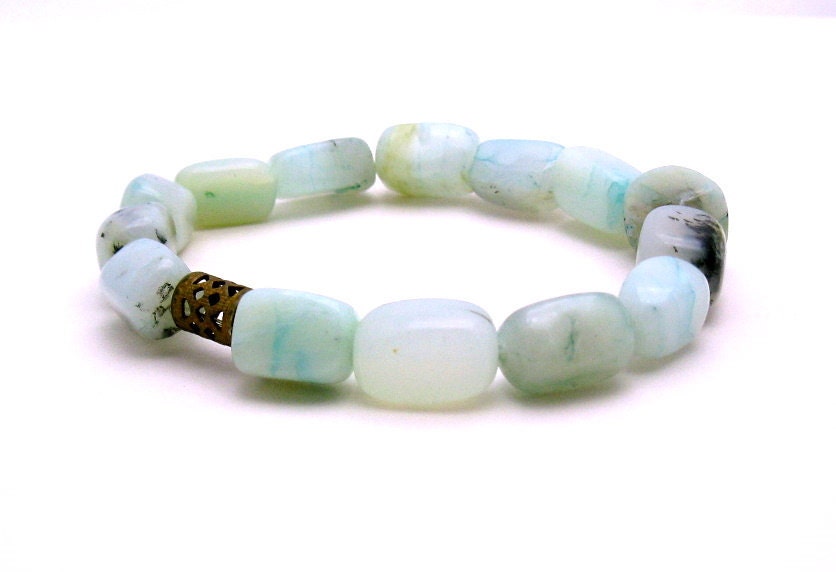 Boho Blue Opal Beaded Bracelet / Organic Opal Beaded Bracelet / Natural / Aqua Beaded / Pale Pastel