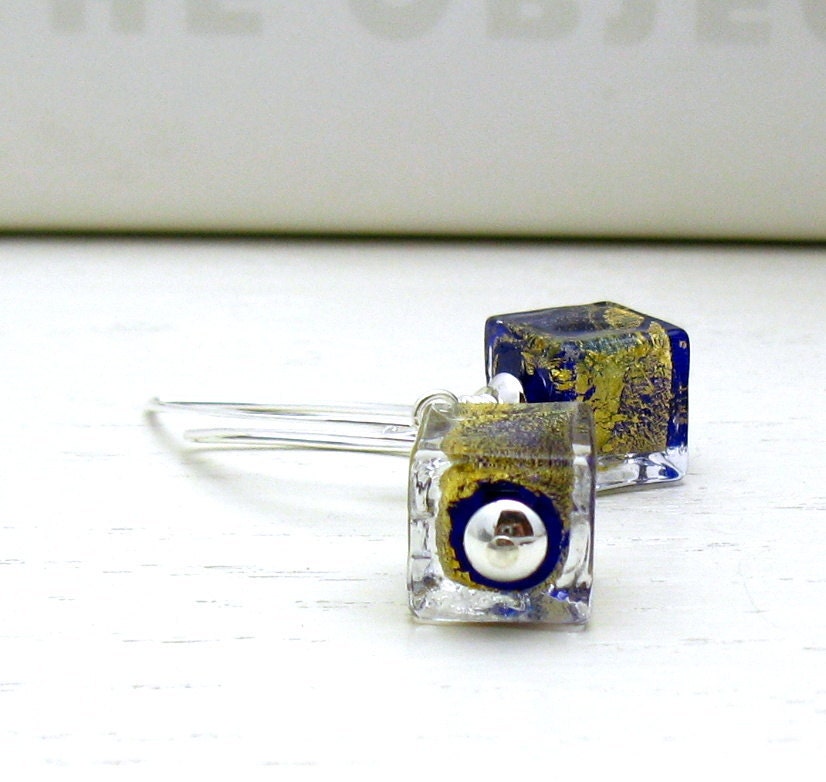 Modern Blue Gold Murano Glass Sterling Silver Earrings / Modern Blue Dangle Earrings / Midnight / Minimalist / Mod / Cool