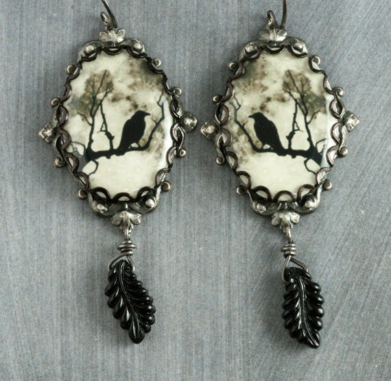 Halloween Black Raven Earrings Crow Earrings Moon Earrings Black Bird Earrings Halloween Earrings Gothic Earrings Leaves Silver Autumn Goth