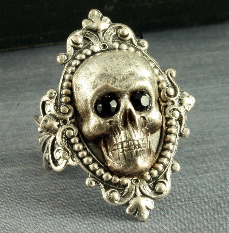 Silver Skull Ring Halloween Ring Gothic Ring Neo Victorian Skull Ring Goth Black Crystal Skeleton Filigree Adjustable Halloween