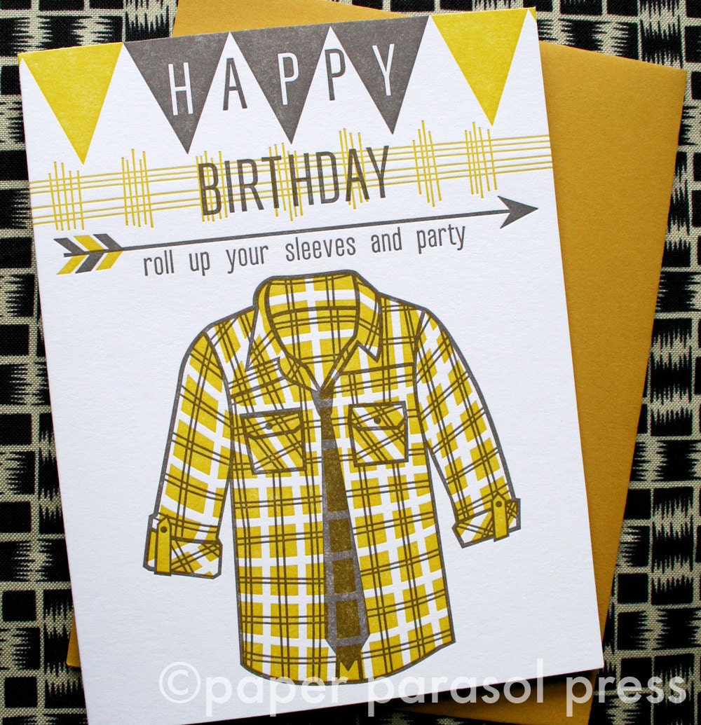 Happy Birthday Banner Plaid Shirt Arrow Letterpress Card