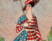 Instant download PATRIOTIC fashion USA Flag Dress Antique French postcard photo DIGITAL Scan