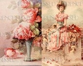 Instant Download TWO Digital Scans PINK Roses and Dreaming Lady Antique French postcards Wall Art Decor