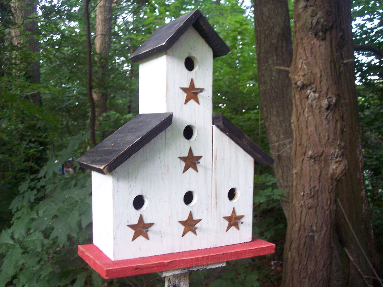 Large Five Hole Birdhouse Rusty Stars Seperate Compartments White Black Red