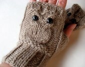 Owl Fingerless Gloves Mittens - Merino Wool - Brown