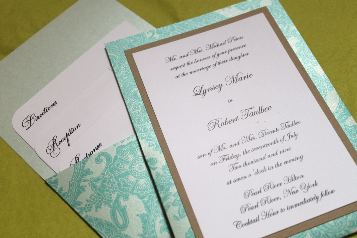 Pocket Wedding Invitation - Aqua Paisley, Great for Destination Wedding