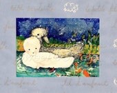 baby duck night sky goldfish watercolor print nursery 5 x7  Print