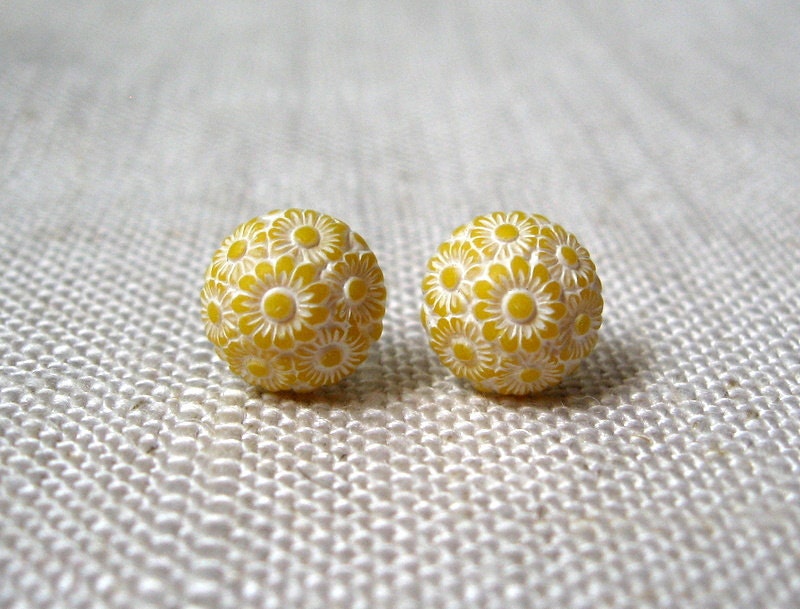 Yellow Floral Earrings, Lemon Yellow, Mosaic, Etched, Stud Earrings