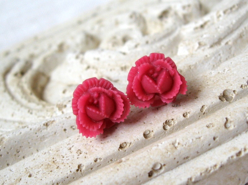 Hot Pink Rosebud Earrings, Pink Rose Stud Earrings, Fuchsia, Spring Flowers