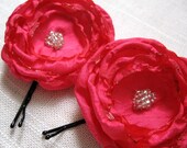 Hot Pink Flower Hair Pins, Fabric Flower Bobby Pins, Crystal Beads, Satin Fabric, Bridesmaid Hair