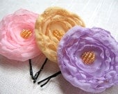 Fabric Flower Hair Pins, Chiffon Fabric, Mustard Yellow, Lavender, Light Pink, Spring Wedding, Pastels