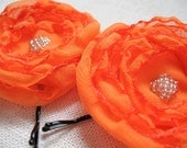 Orange Flower Hair Pins, Pumpkin Chiffon Fabric, Flower Bobby Pins, Crystal Beads, Bridesmaid Hair Accessories