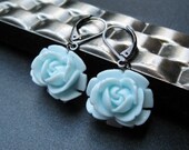 Baby Blue Rosebud Earrings, Light Blue Flower Earrings, Dangle Earrings, Gunmetal Leverbacks