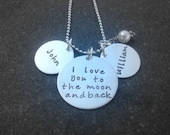 Hand Stamped Jewelry I Love You To The Moon And Back Necklace With Two Name Discs In Script Font