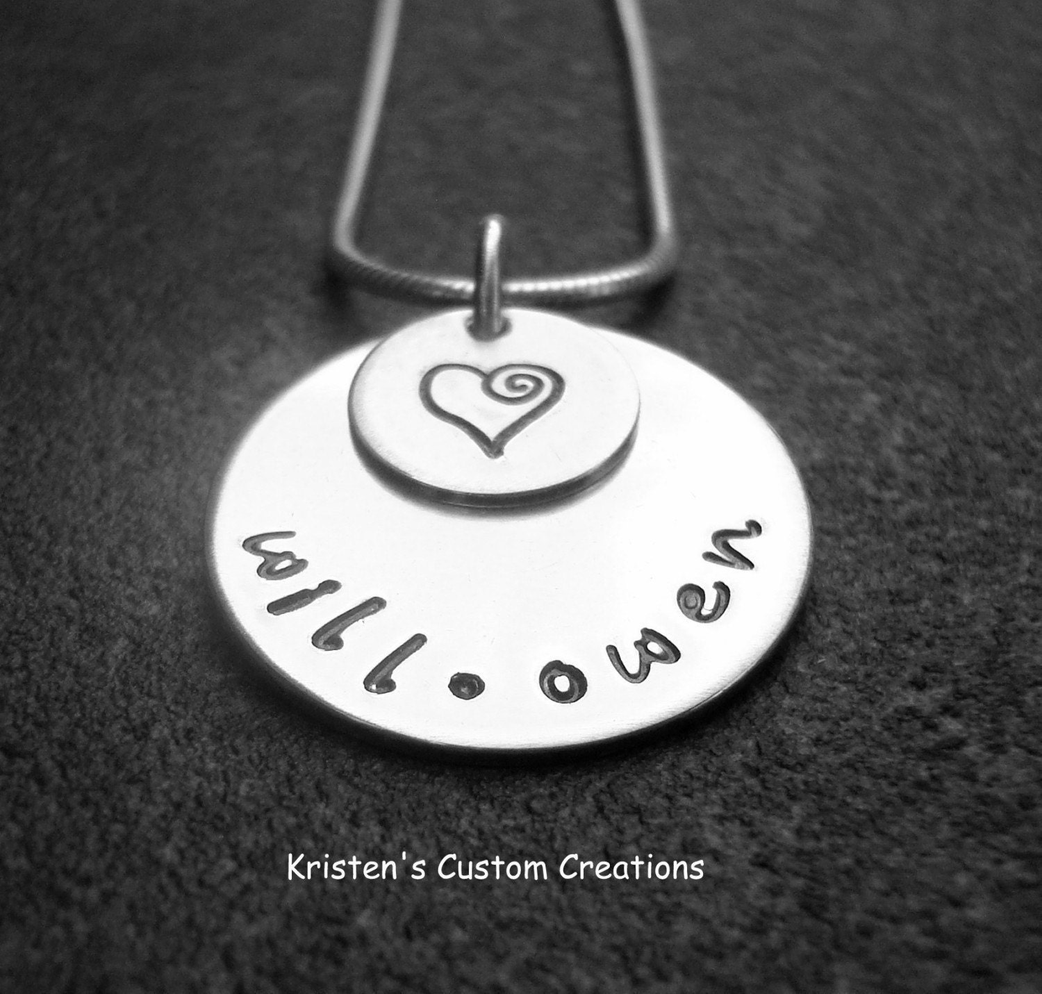 Hand Stamped Jewelry Mommy Necklace with fancy heart and fancy lowercase script
