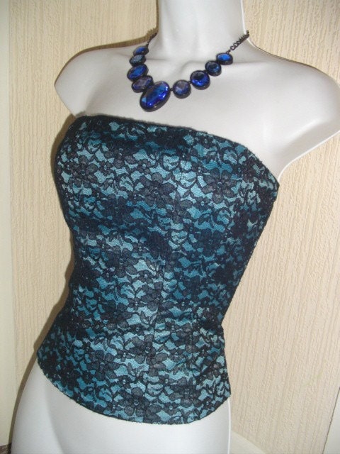 marilyn 1950s MOVIE STAR vintage 80's turquoise n black lace boned corset basque 34 - 36 inch bust