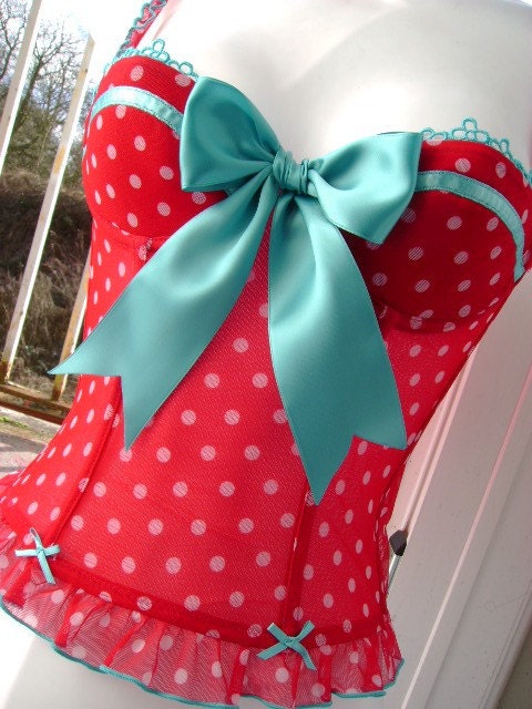 pin up gal red N white POLKA dot and turquoise big bow boned CORSET basque 36 - 38 inch bust