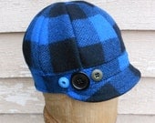 size XS Womens Wool Cap-Buffalo Plaid Blue and Black